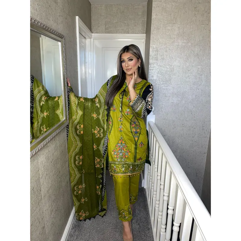 3 pcs Olive Stitched lawn suit Ready to Wear with chiffon dupatta MB-154 2