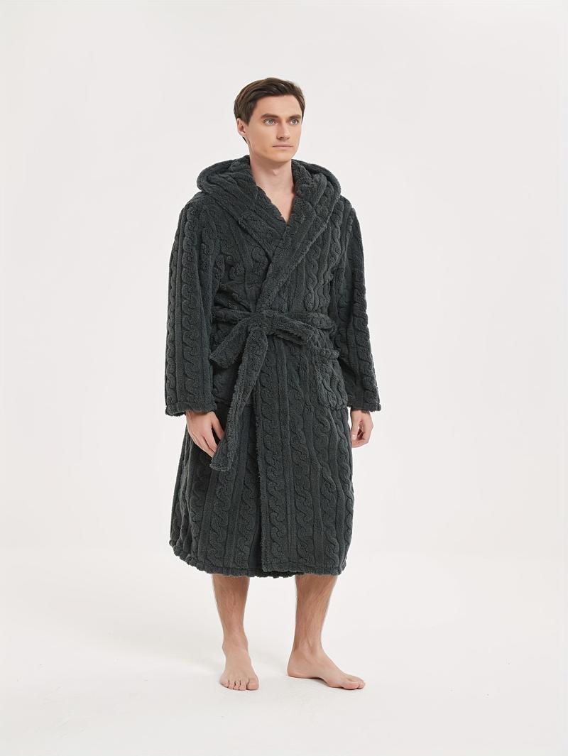 Product Introduction of Men's Comfy Solid Fleece Robe Home Hooded Pajamas Wear With Pocket & Hair Dry Hat, One-piece Lace Up Kimono Night-robe Warm Sets After Bath 14