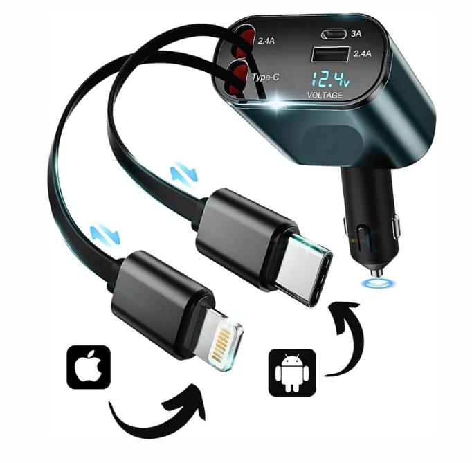 120W Retractable Car Charger, 4 in 1 Fast Car Charger Adapter with USB/USB-C Ports & 2 Retractable Cables, Car Phone Charger For iPhones, Samsung Galaxy, Google Pixel, Sony, Xiaomi, OnePlus 1