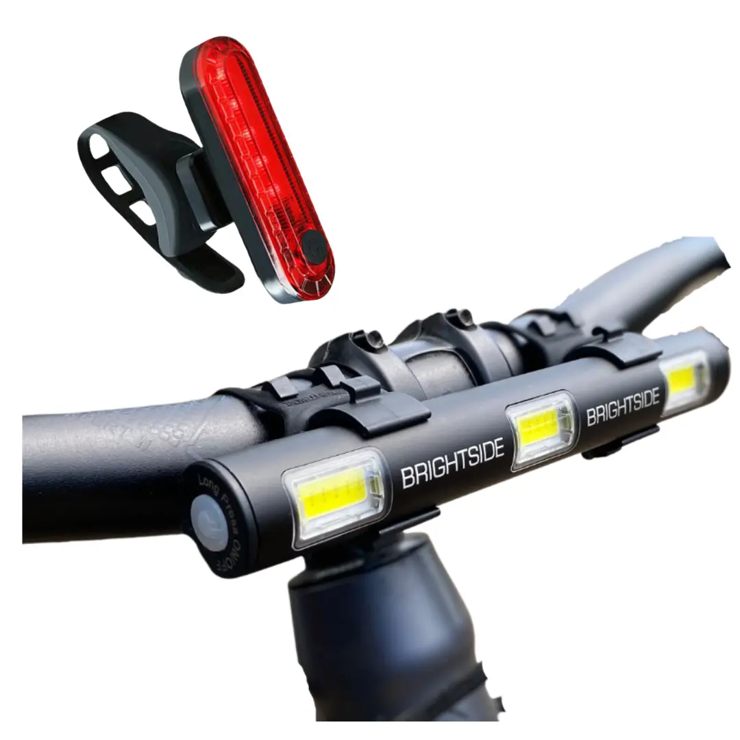 BRIGHTSIDE Bar Light Front & Rear Light Set. 30+ Hour Bike Light, 18 Bright LED Stay Seen Bike Light & rear Light Combo. USB Rechargeable, Waterproof bike Light. Various Mounting Options