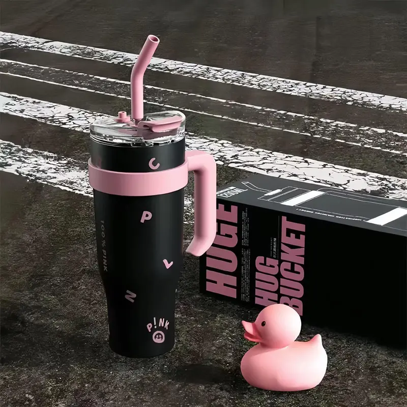 40oz Pink and Black Insulated Tumbler with Handle and Straw - Stainless Steel Leak-Proof Travel Mug, Coffee Cup for Hot and Cold Beverages  Drinkware Flasks Lid Portable Drink Water Bottles glasses Stylish Bottled 2