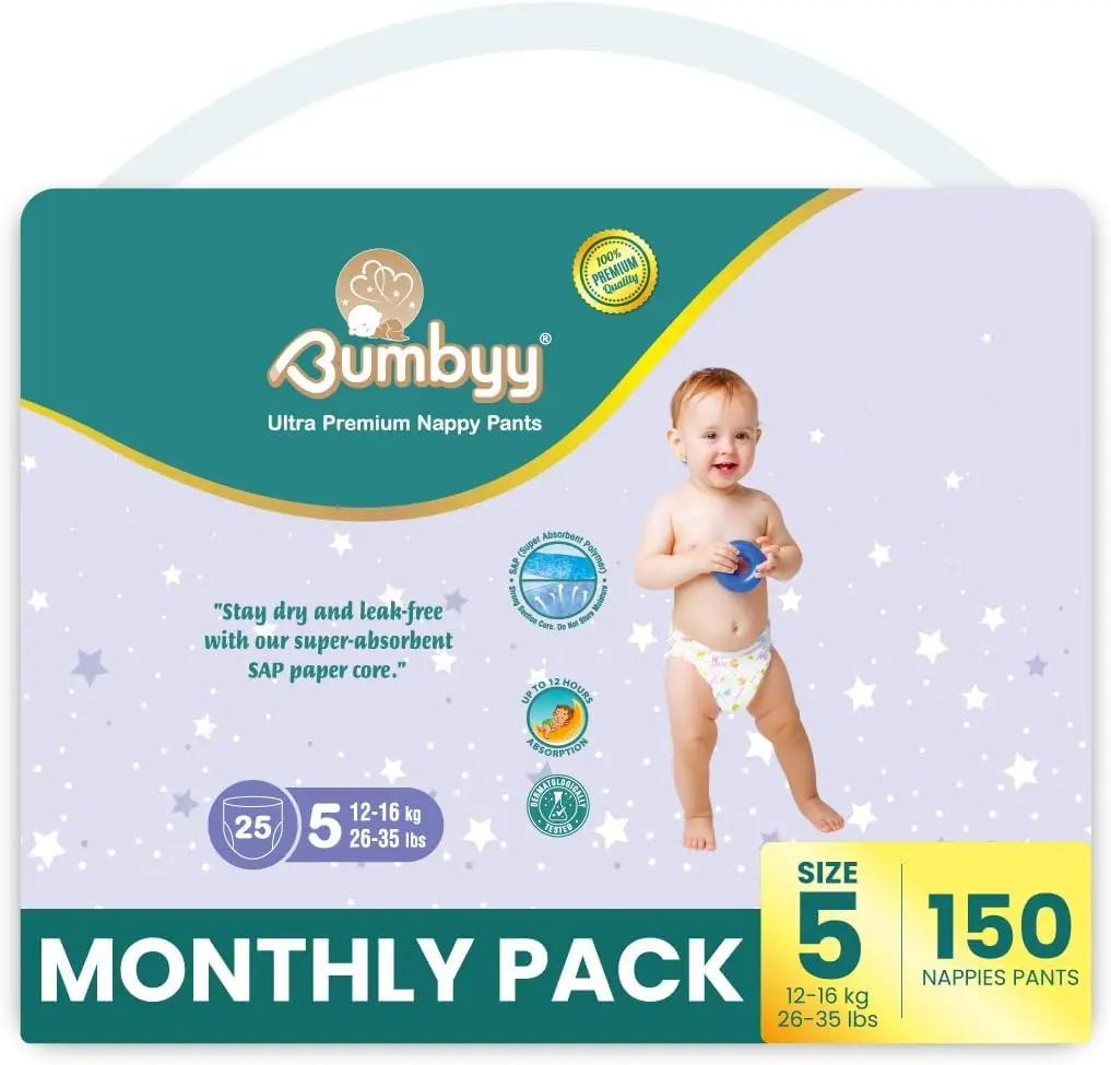 Bumbyy Premium Nappy Pants - Size 5 (12-16kg/26-35lbs) - 150 Count Savings Pack - 12hr Leak Protection, Chemical Free, Hypoallergenic, Dermatologically Tested, Soft & Thin Pull-Ups for Sensitive Skin