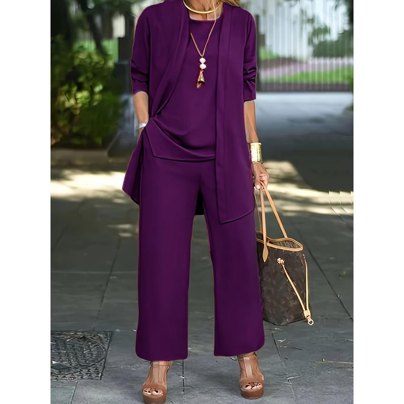 Casual Three-piece Solid Set, Long Sleeve Cardigan & Top & Long Pants Outfits, Women's Clothing 4