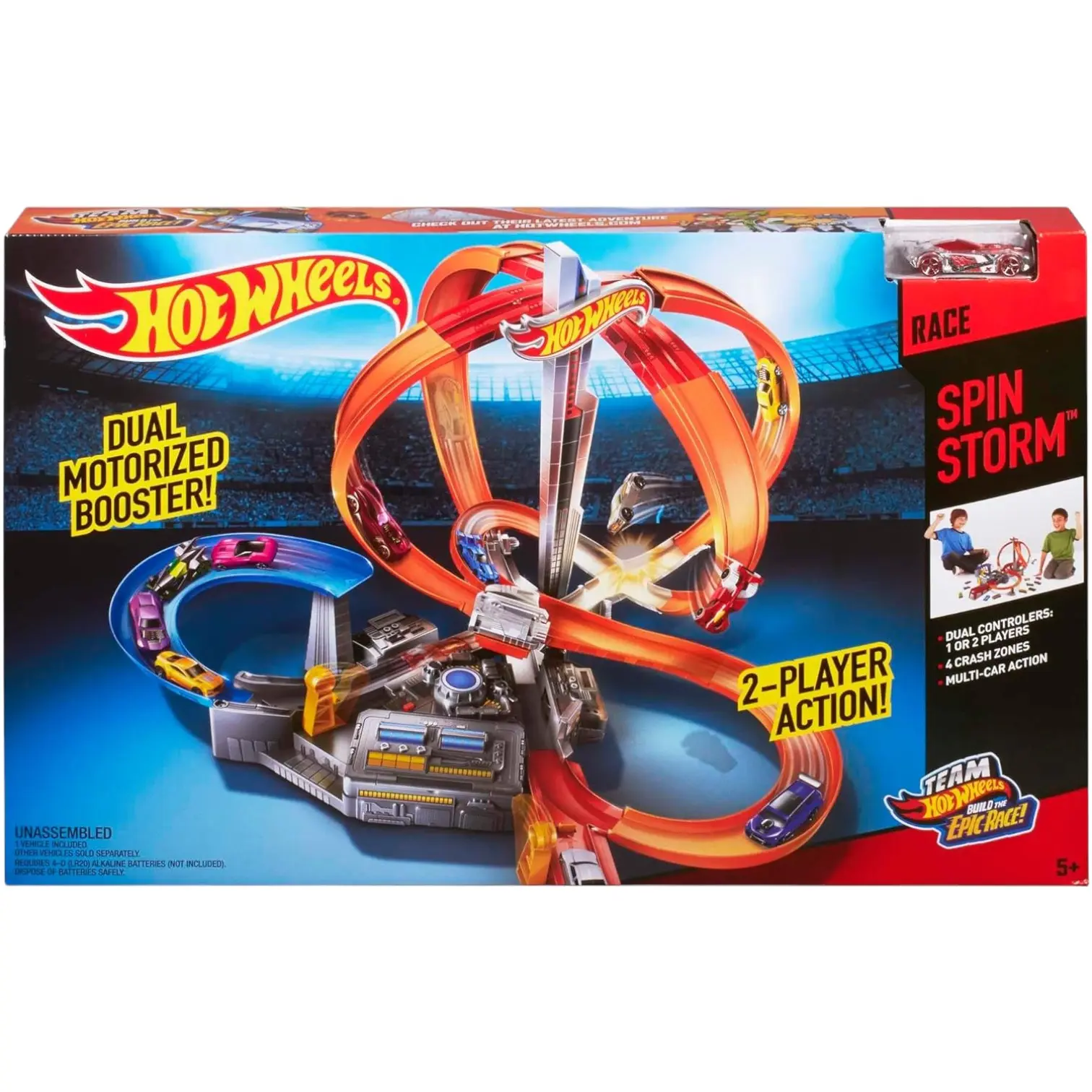 Hot Wheels Track Set with 1 Toy Car, Multi-Lane, Motorized Track with 3 Crash Zones, Spin Storm Racetrack, CDL45 multicoloured transportation