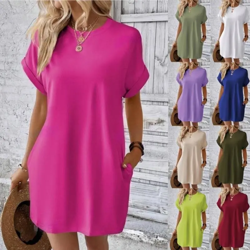 2025 New Casual Invisible Pocket Dress Solid Color Crew-Neck Batwing Sleeve