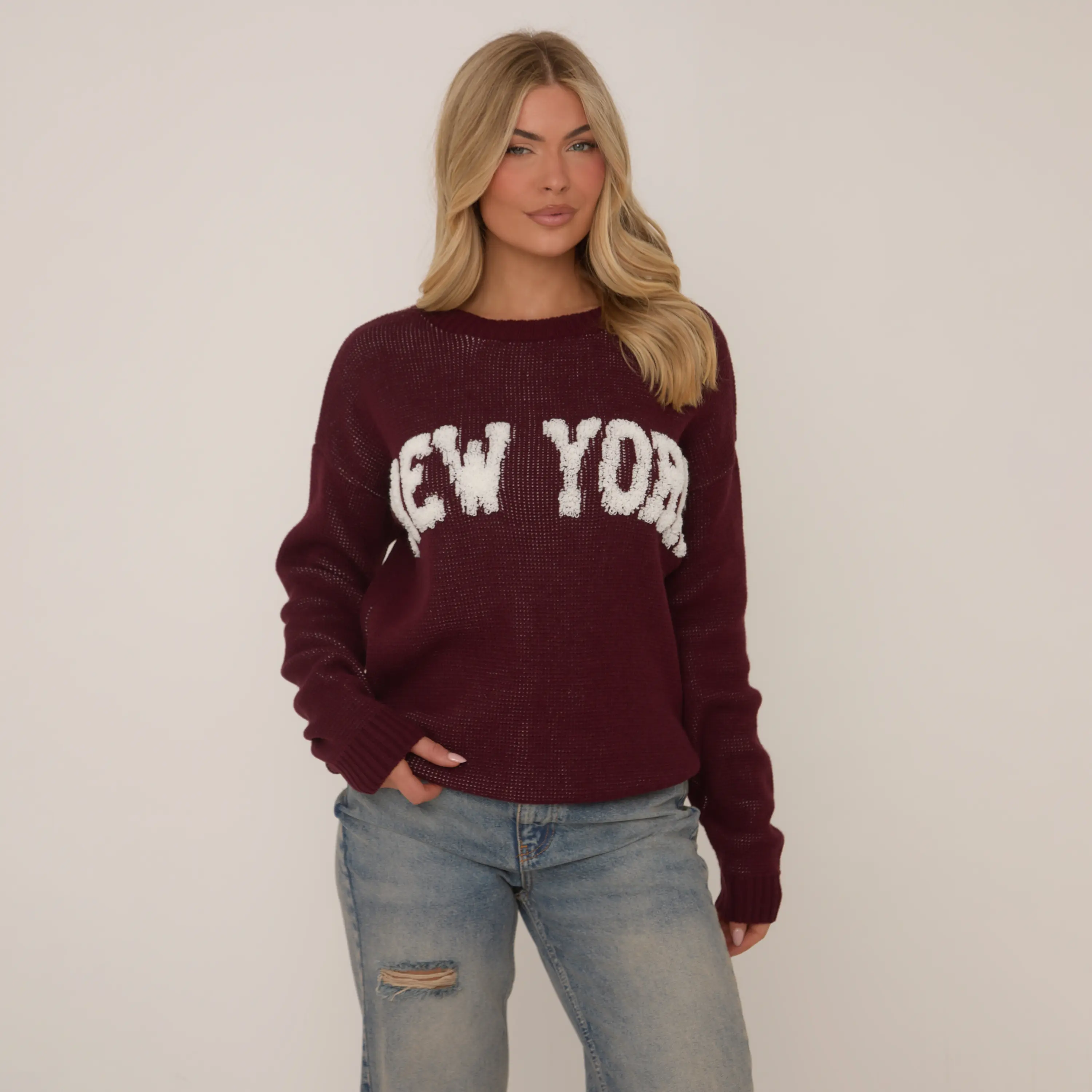 Long Sleeve 'New York' Slogan Oversized Jumper