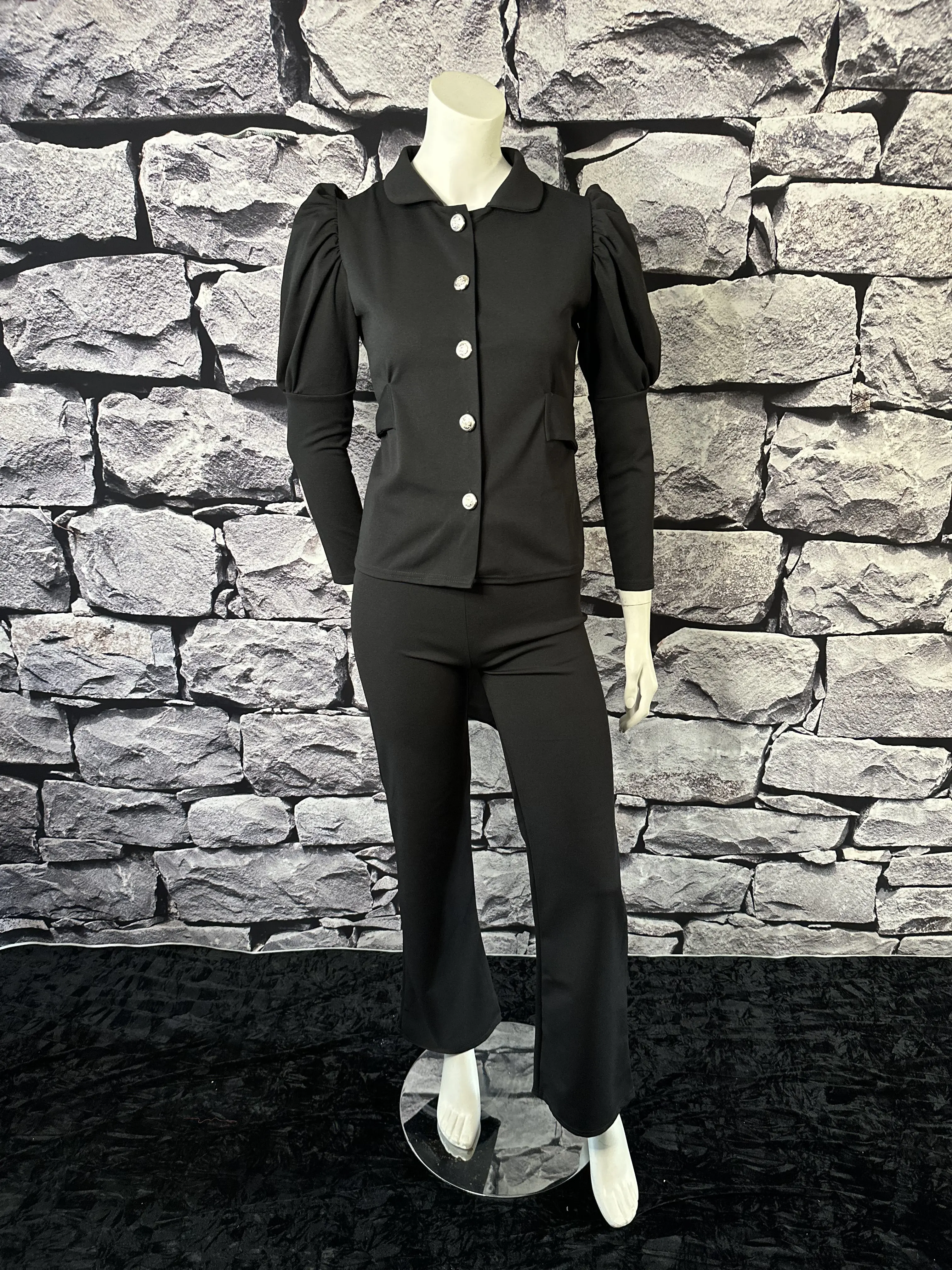 Puff Sleeve Silver Button Detail Trouser Suit