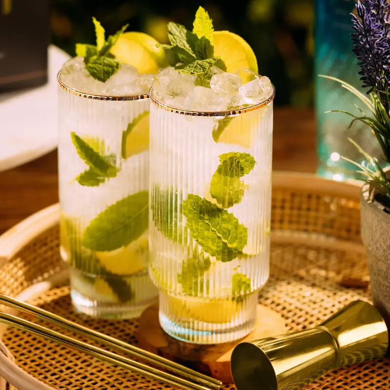 Stunning Ripple Crystal Highball Glasses- 2 Handmade Coffee Glasses + Cocktail Accessories | 2 Metal Straws, Bar Spoon & Jigger Drinkware Reusable Set Stylish 7