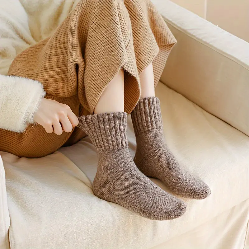 A&H     Women's Soft and Cozy Thick Terry Snow Socks (5 Pairs) - Mid-Calf Length, in Beige and Brown Solid Colors, Polyester Blend, Perfect for Cold Weather, Adorable and Warm 2