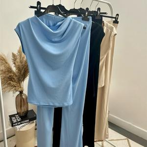 Women's Asymmetrical Slinky Top & Flare Trouser Set - Perfect for Any Occasion - Womenswear, Suits