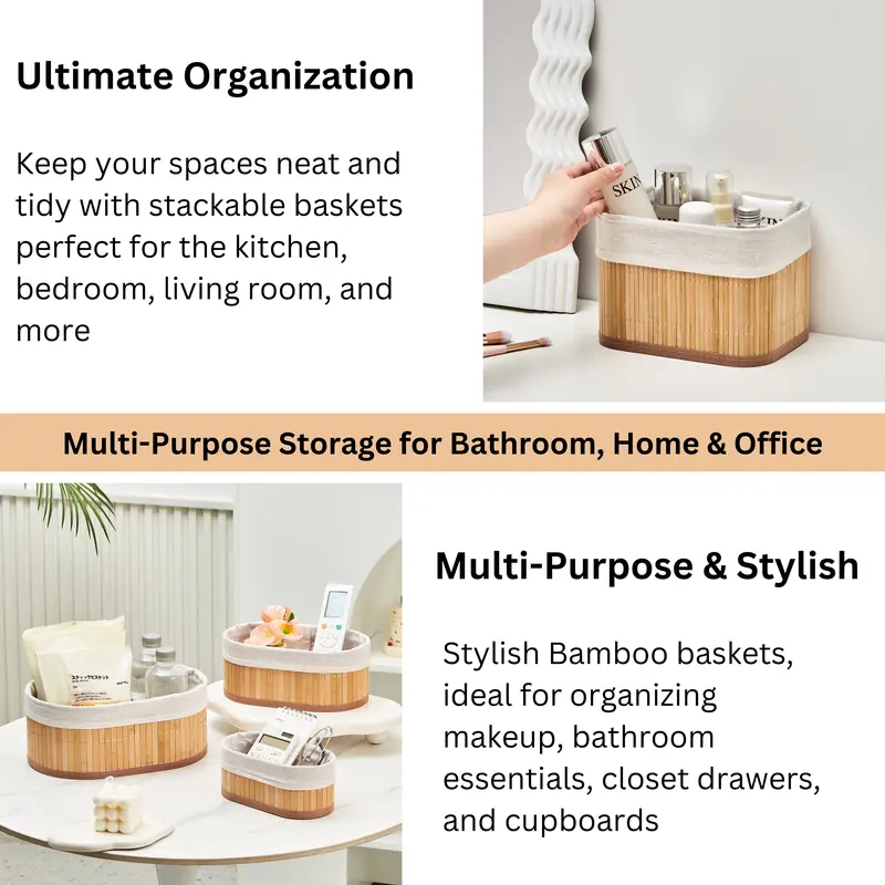 Eden & Willow Set of 3/4 Storage Shelf Baskets with Lining, Stackable Bamboo Storage Divider Boxes for Closet Drawer & Cupboards | Organiser Bins for Cupboards storage  organizer 4