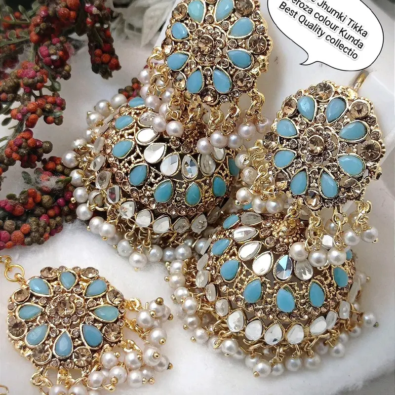 Pakistani Gold Plated Very Elegant Jhumka Earrings with tika.... 1