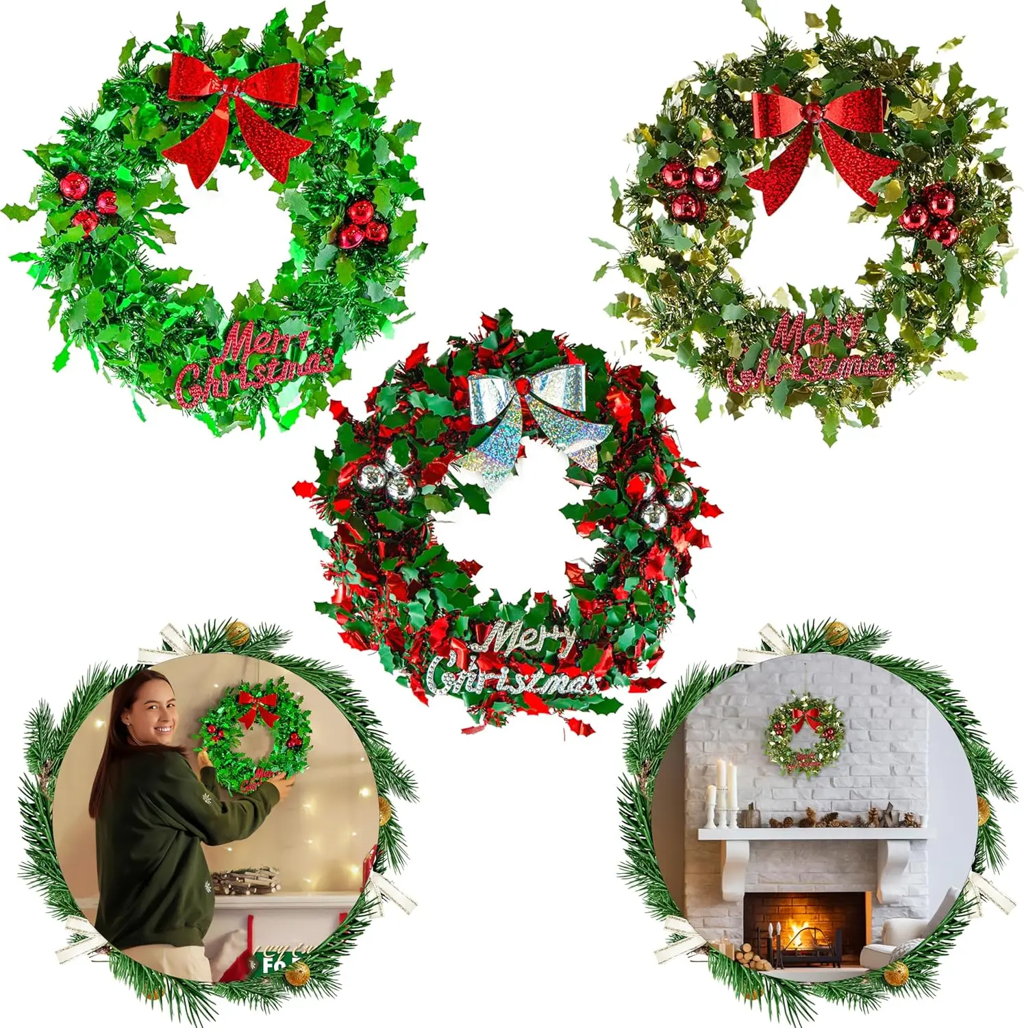 HOVUK Green Holly Wreath Christmas- Baubles and Bow Christmas Tinsel Wreath for Front Door, Thick Door Hanging Decoration for Indoor Stairs, Fireplaces Tree Box Gift Plastic Window Ornaments