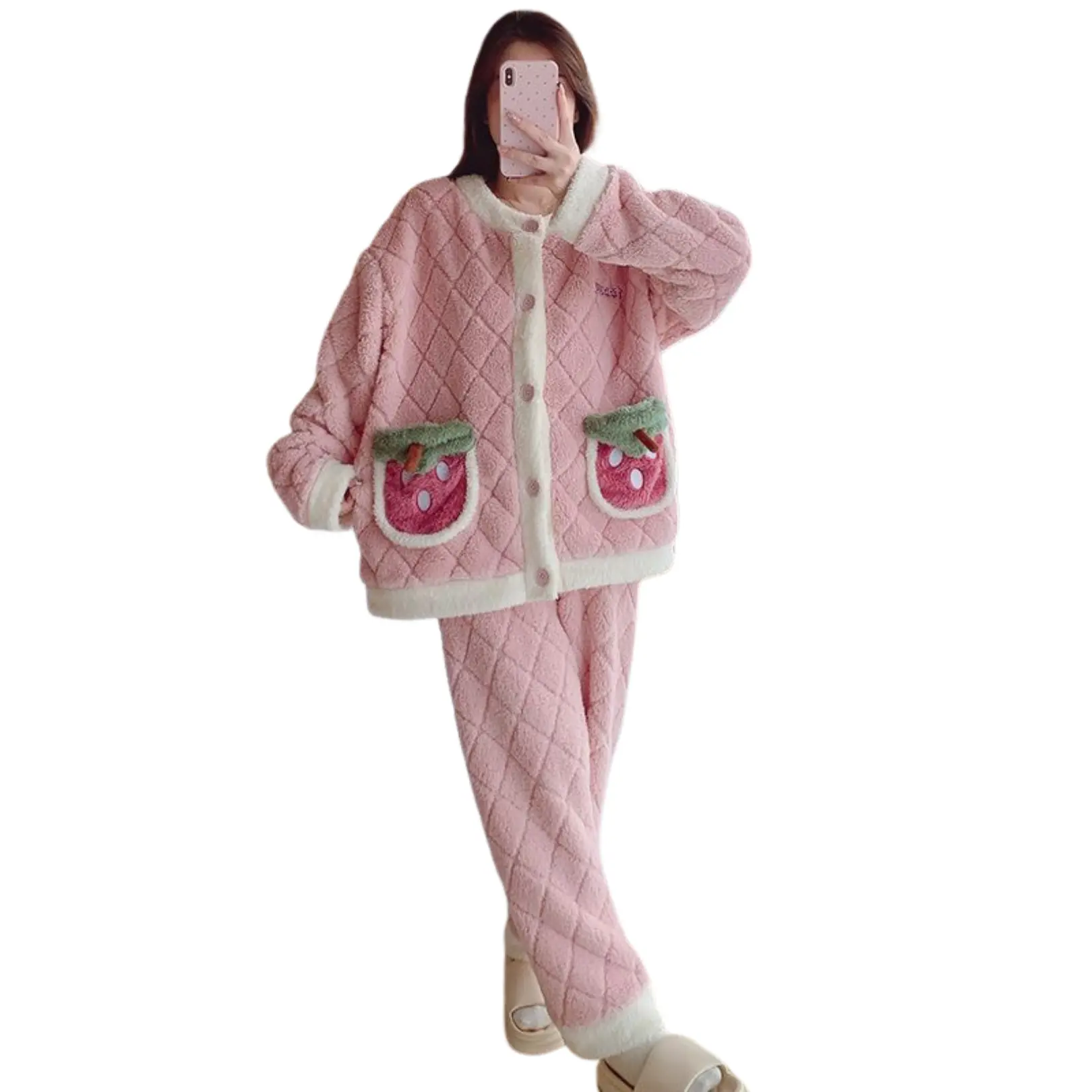 Raspberry Sweet Snuggie Women's Two Piece Loungewear Set - Pyjama Top and Bottoms - Nightwear, Womenswear lounge  set christmas  eve womens button front fruits Comfort Pajamas Soft Casual Homewear Pjs Chic Comfortable Long Sleeve Winter house clothes