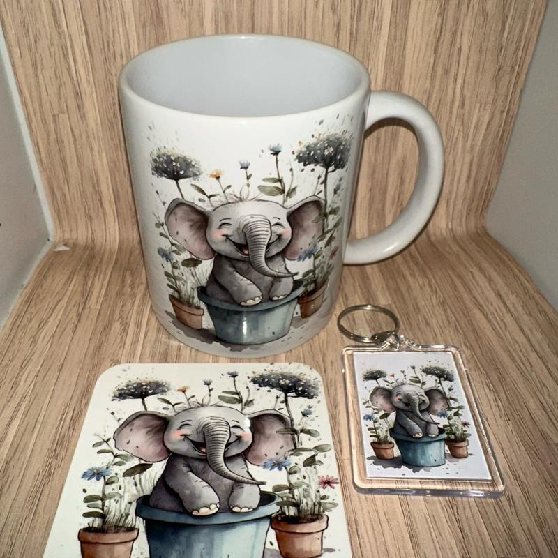 Smiley elephant mug gift set, Elephant gift, Elephant Mug Ceramic Drinkware Printed Reuse Washable Reusable 0
