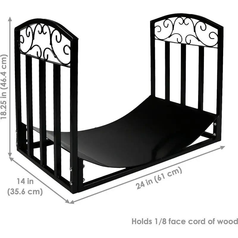 61 cm Firewood Log Storage Rack - Indoor/Outdoor Log Rack Black Powder-Coated Steel Decorative Fireplace Log Holder Metal Organiser Accessory Wooden 3