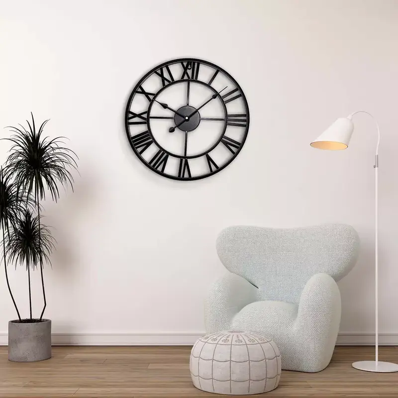Large Black Metal Wall Clock with Vintage Look and Silent Roman Numerals for Home Decor 5