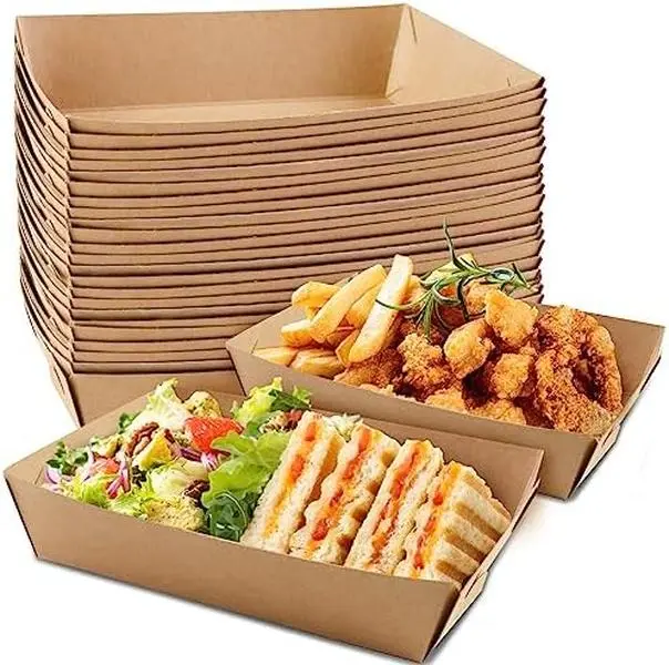 Party Food Trays, 50 Pack Paper Plates, Take Away Food Boxes, Cardboard Serving Tray Water Oil Proof for Chips Burger BBQ Birthday Camping Party 18x13cm