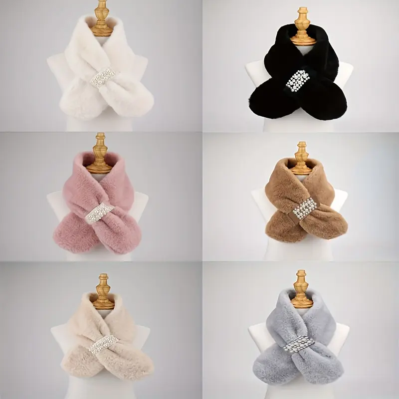 Autumn And Winter Warm Scarf Pearl Fur Neck Warm Plush Scarf Elegant Scarf Scarf Women Autumn And Winter Pearl Fur Plush Neck Imitation Rex Rabbit Fur Warm Thick Pearl Buckle Cross Versatile Christmas Valentine'S Day Holiday Gift 3