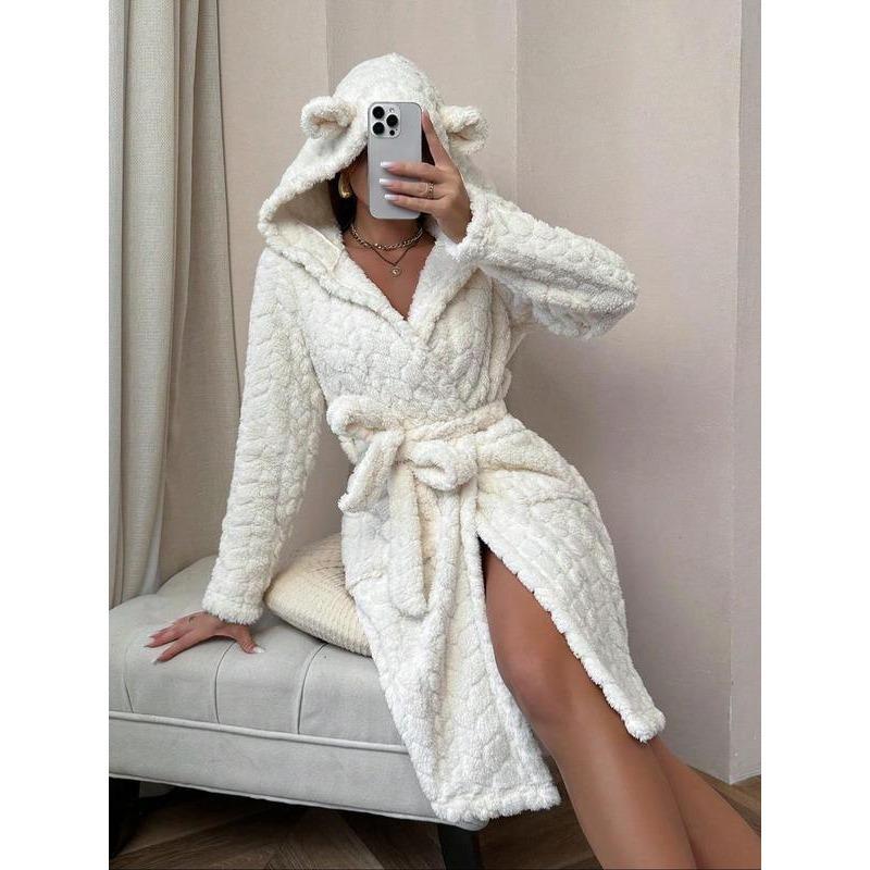 Women's Solid Color Pocket Belted Hooded Fuzzy Bathrobe, Casual Long Sleeve Warm Dressing Gown, Ladies Sleepwear for Fall & Winter 5