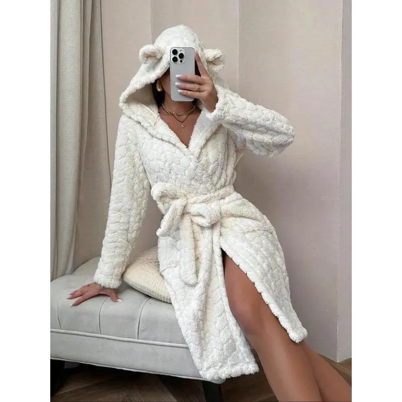 Women's Solid Color Pocket Belted Hooded Fuzzy Bathrobe, Casual Long Sleeve Warm Dressing Gown, Ladies Sleepwear for Fall & Winter 5