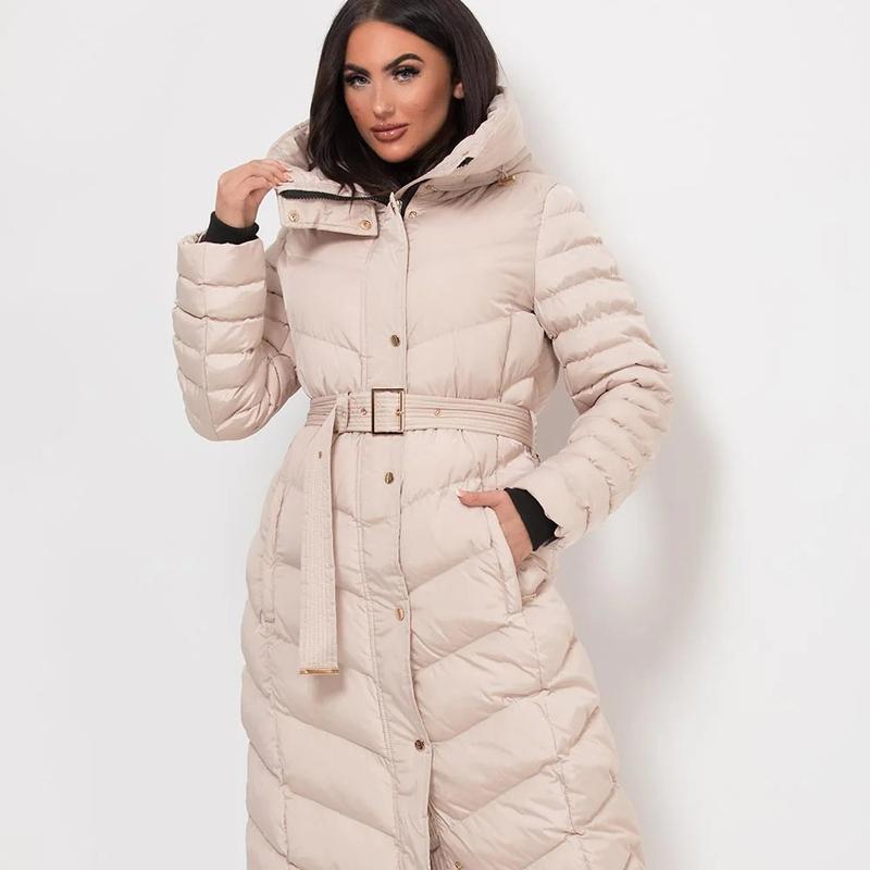 Women's Chevron Style Padded Belt Long Coat for Winter. classic Womenswear Casual Comfort plain modern spring puffer Chic Elegant 3