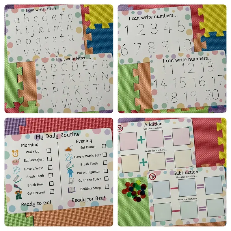 Start School Pack - Tracing Numbers Mats & Tracing Letters Mat, Addition & Subtraction Mats, Daily Routine Chart & Dry Wipe Pen 1