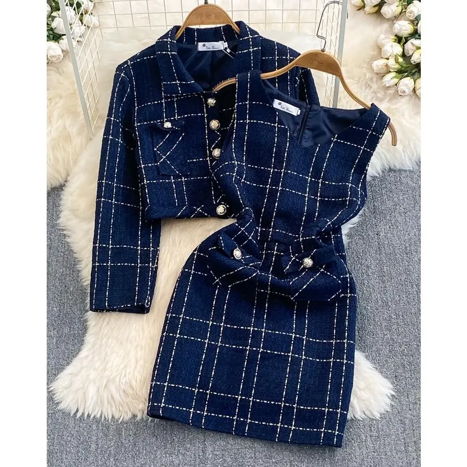 Autumn and Winter Temperament Long Sleeved Tweed Jacket With Waistband Vest and Buttocks Wrapped Dress Two Piece Set