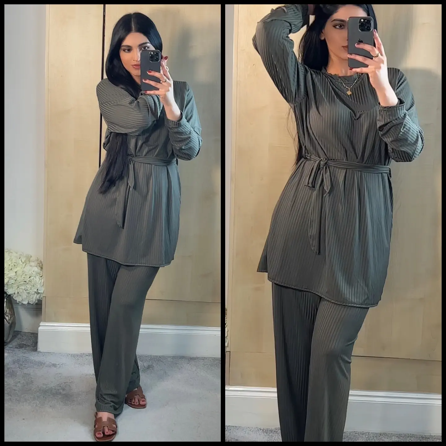 Womens plain two piece Ribbed set belted Co-ord long sleeve Summer style Lightweight Loungewear Size 8 to 18