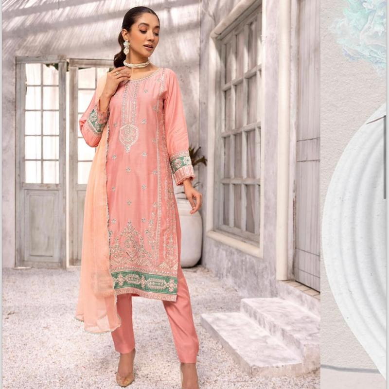 Simrans Afroze Peach Embroidered Viscose Piece Suit 0