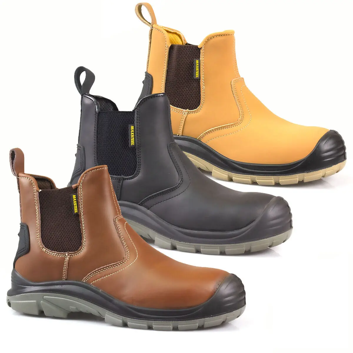 MENS LEATHER CHELSEA SAFETY BOOTS DEALER SLIP ON STEEL TOE CAP WORK SHOES SIZE LIGHTWEIGHT STEEL MIDSOLE WATERPROOF HEEL GUARD PULL ON