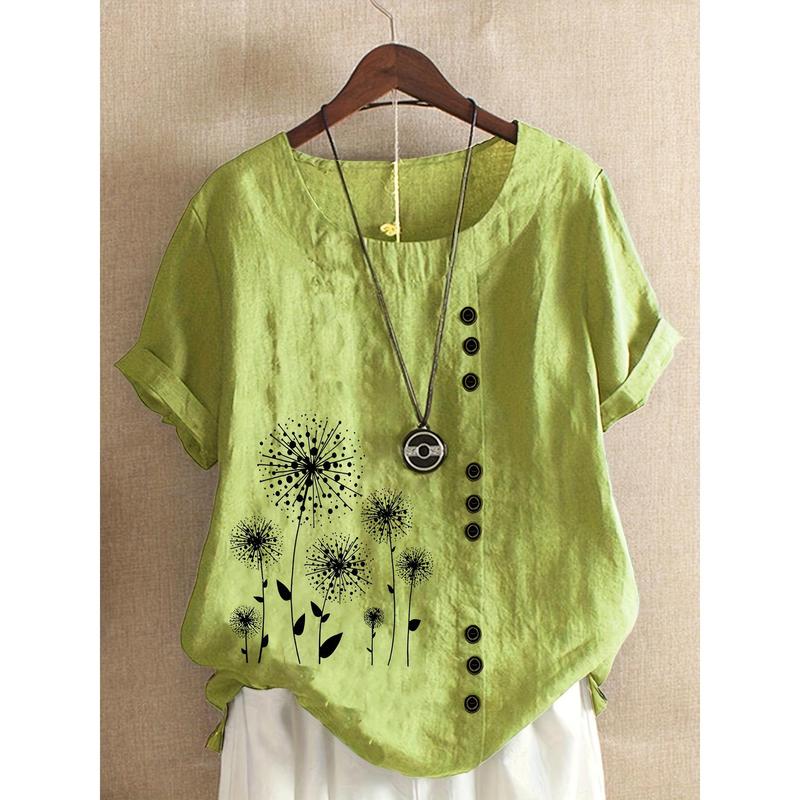 Women's Plus Size Casual Loose-Fit Blend Blouse with Floral Print, Short Sleeve, Round Neck, and Faux Button Details - Soft Green Fabric, Machine Washable, Blouse Shirts Top 1