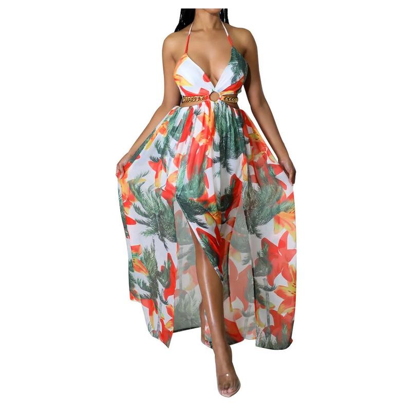 Product Introduction of Floral Print Maxi Dress For Women Stylish French Halterneck Summer Dress Mid Length Camisole Dress Elegant High Split Dress 58
