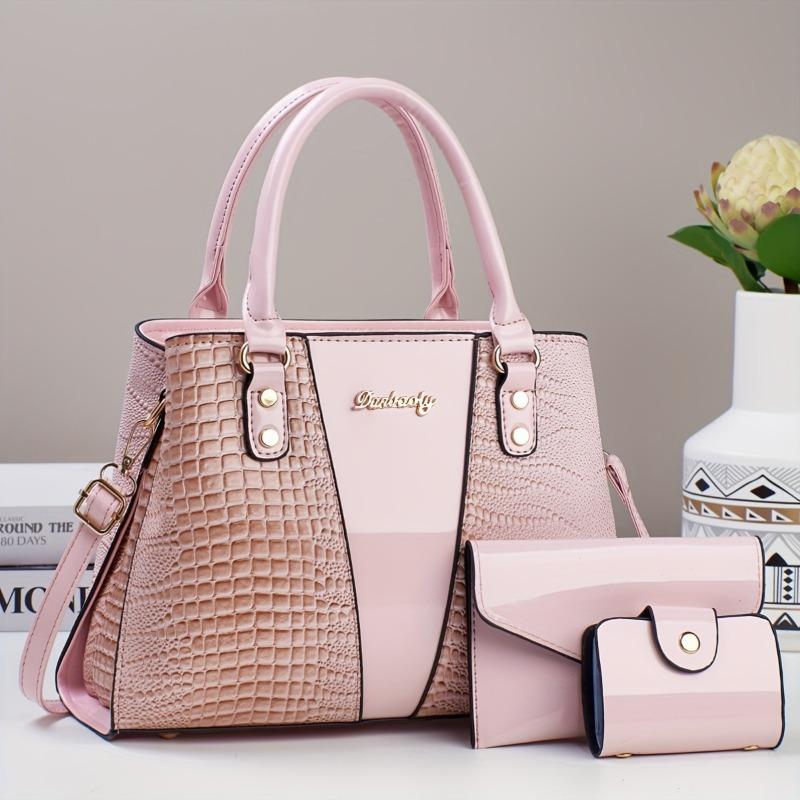 Product Introduction of 3pcs Elegant Faux Leather Satchel with Crocodile Pattern, Sequined, Spacious Multi-Functional Bag, Lightweight Fashion Handbag with Zip Closure and Fixed Shoulder Straps, with Spandex Lining for Women 8