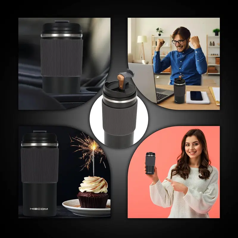 Coffee Cup Vacuum Insulated Travel Mug with Double-Wall, Heat-Resistant Design, Non-Slip Silicone Grip, and Leakproof Lid for Hot and Cold Beverages Drinkware Flasks Stainless Steel thermal  coffee 6