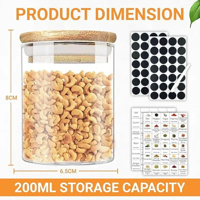 Fast Shipping -  Premium Spice Jars with lids and labels – Spice Jars 12 pack with 116 labels – Kitchen Cereal Storage & organization of Spice Jars with Bamboo Lids. Herbs, Coffee, Seeds, Nuts Container, 200ml-250ml 4