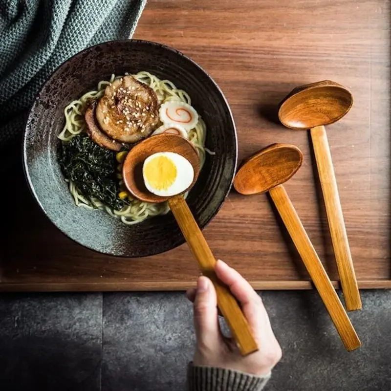Chef-Hub Set of 2 Wooden Ramen Spoons - Asian Soup Ladles for Noodles, Ramen, Rice etc - Natural Wood Cutlery and Tableware