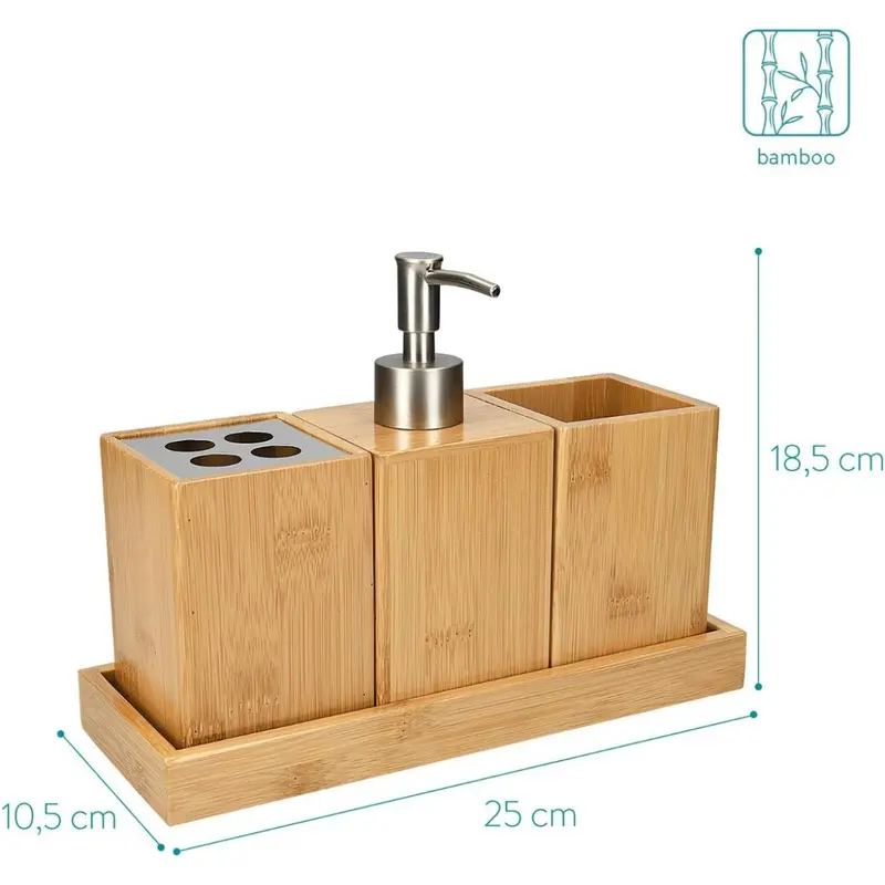 Bamboo Bathroom Accessories Set - 4-Piece Bath Set with Toothbrush Holder, Soap Dispenser, Storage Container, Organiser Tray - Natural Wood 5