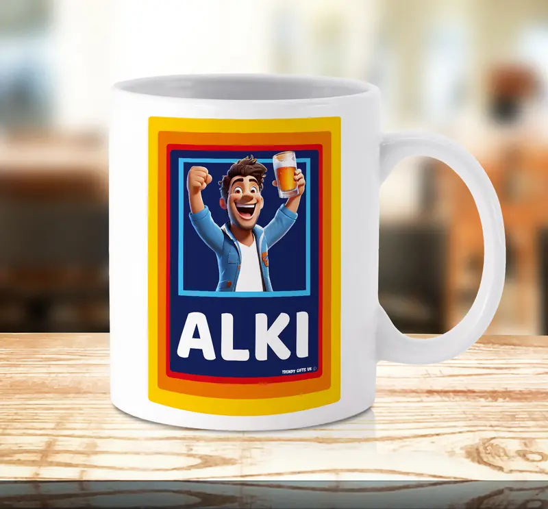 ALKI Funny Mug Cup Alcoholic Person Novelty Birthday Christmas Gifts Him Ceramic Xmas Mugs Printed Print White Coffee Tea Drinkware Beverage Humour Print Celebration Perfect Gift Drunk Cheers Father's day Christmas xmas stocking filler 0