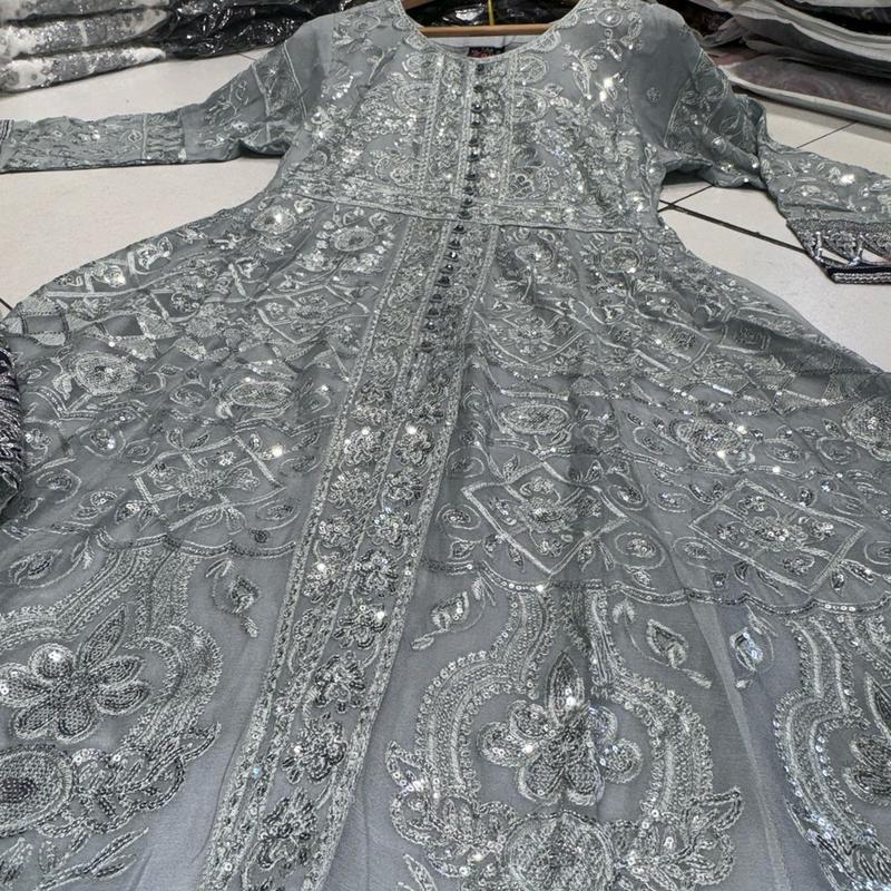 Silver/Grey JASMIN Long dress suit 3 piece Pakistani embroidered chiffon duppatta wedding edt S-XL Womenswear 2