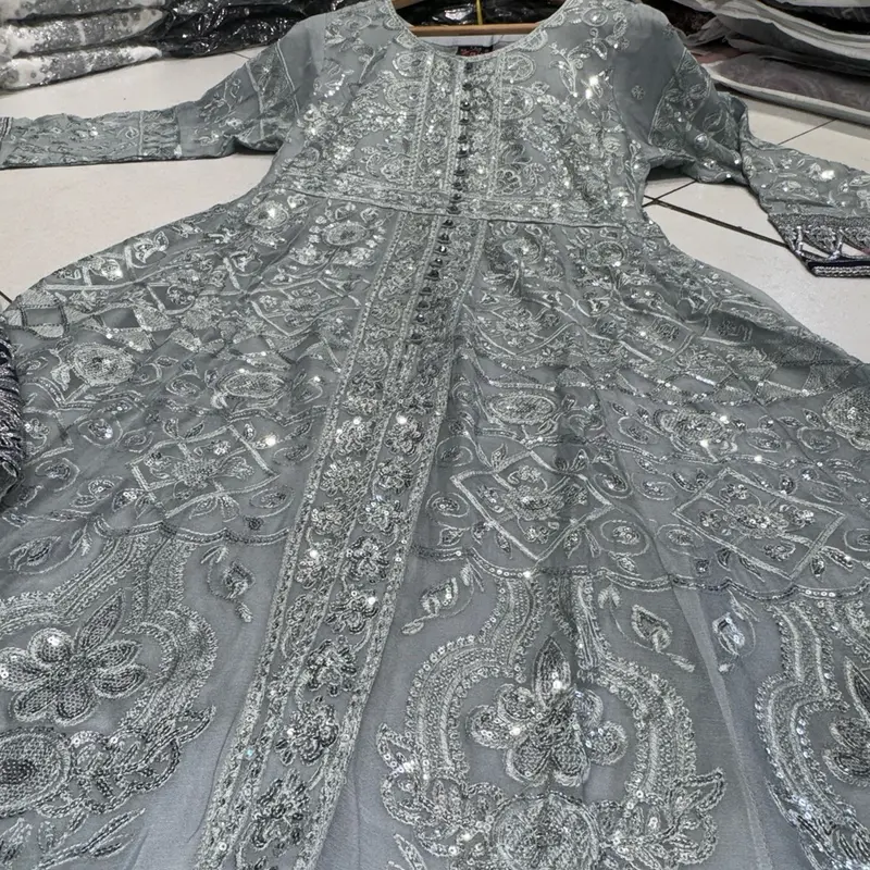 Silver/Grey JASMIN Long dress suit 3 piece Pakistani embroidered chiffon duppatta wedding edt S-XL Womenswear 1