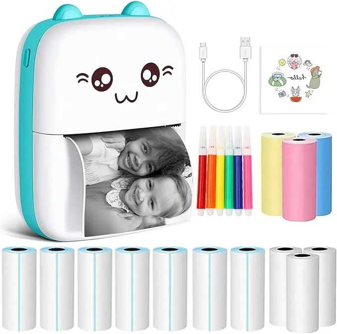 Mini Thermal Printer, Inkless Printer, Mini Printer Compatible with Android and IOS, Portable Sticker Printer for Printing Photos, Sticky Notes, Lists (Includes 13 Rolls of Thermal Paper)