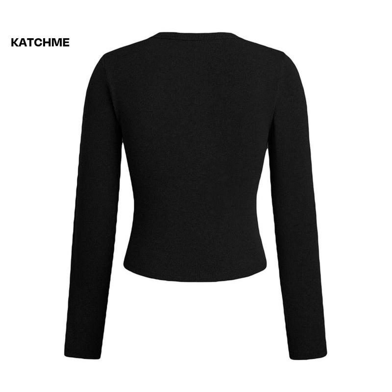 KatchMe Women's Versatile Solid Color Knit Button-Up Long Sleeve Slim Top,Lady Slim-Fitting Top for Daily Holiday Wear,Fall & Winter Crewneck Knitwear 2