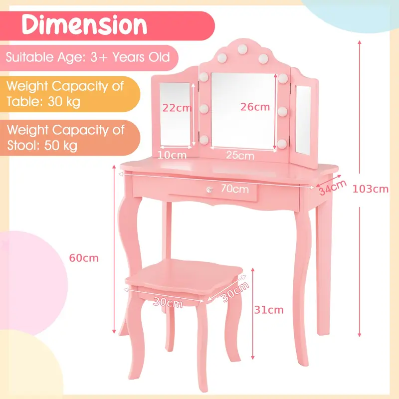COSTWAY Kids Vanity Table and Stool Set with Real Glass Tri-Folding Mirror and Drawer 4