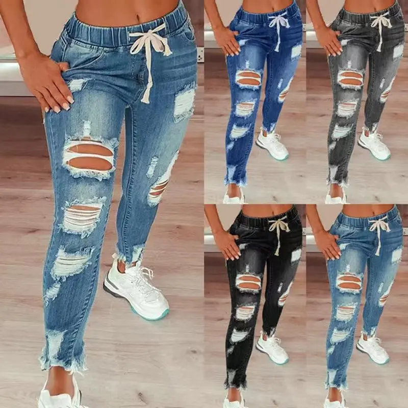 Elastic waist women's jeans high waist ripped ankle tie trousers