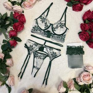LILIOSA LINGERIE Heather Emerald Green and White Elegance Floral Embroidered 4 Piece Lingerie Set -(Corset+ Garter+Pants+Stockings) Comfortable Elegant Underwear Womenswear, Adjustable Straps, Satin Elastic Medium Straps, Bridal Matching, Mesh Fabric
