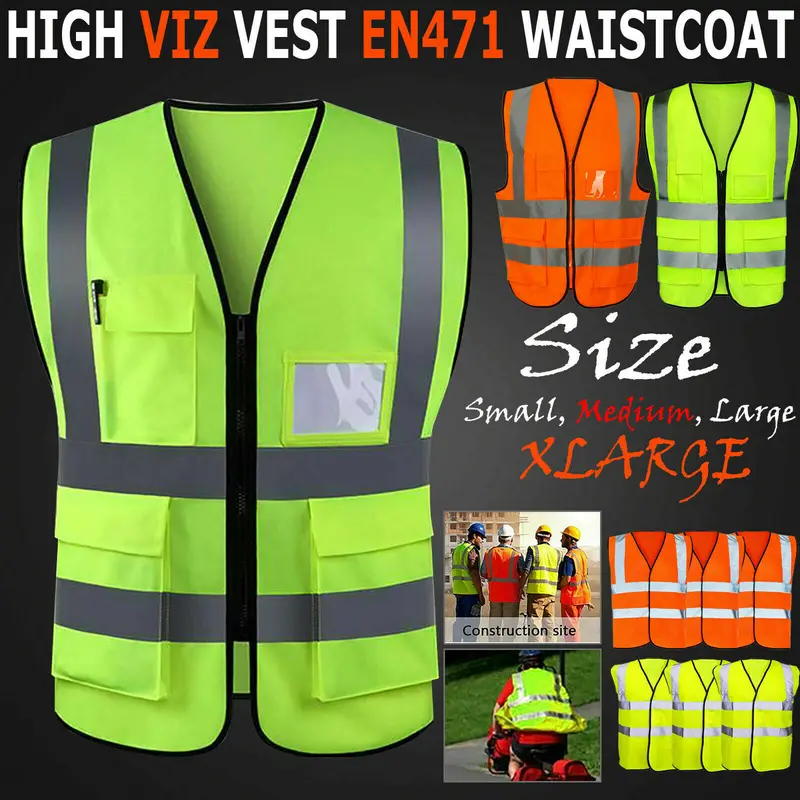 Hi Vis High Viz Visibility Vest Waistcoat Safety Supertouch Reflective W/ Pocket Waterproof Windproof Orange/Yellow Colors Polyester 1