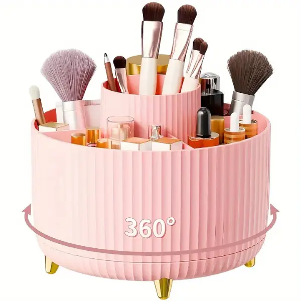 360 Rotating Makeup Organizer - 1pc Plastic Cosmetic Storage with 5 Compartments - Multi-Functional Holder for Brushes, Lipsticks, Skin Care Products, and Stationery - Durable Unscented Desk Caddy with Luxury Stripe Design Boxes black 4