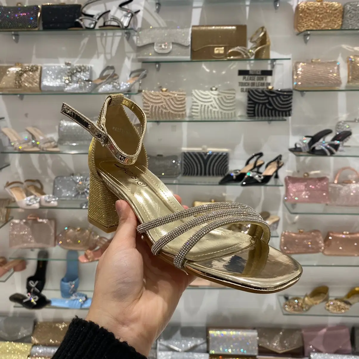 Fancy gold 3 straps block heels