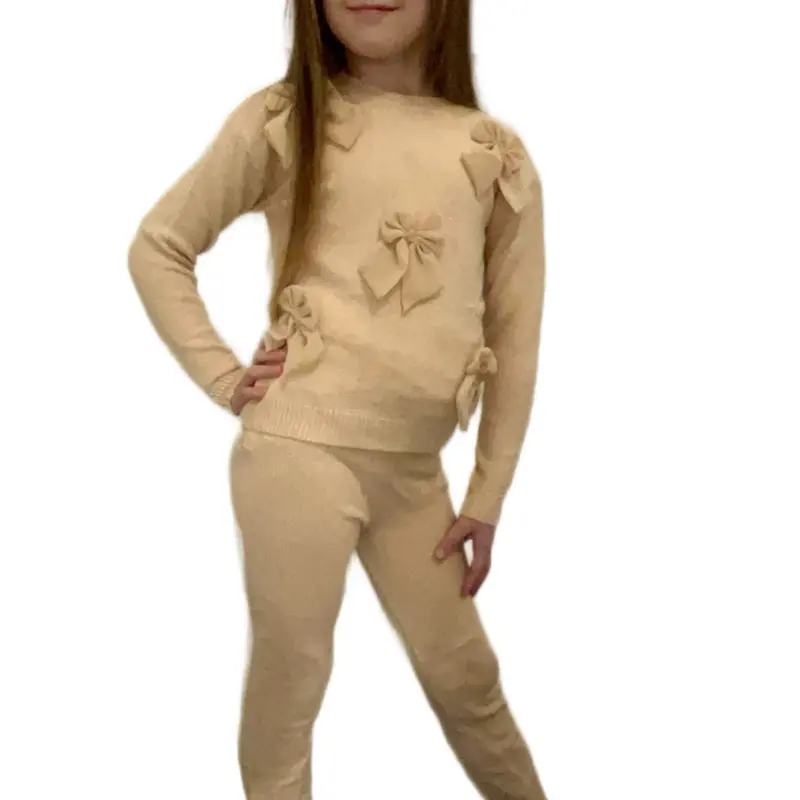 Girls' Beige Knitted Lounge Set with Bow - Perfect for a Cozy Day at Home